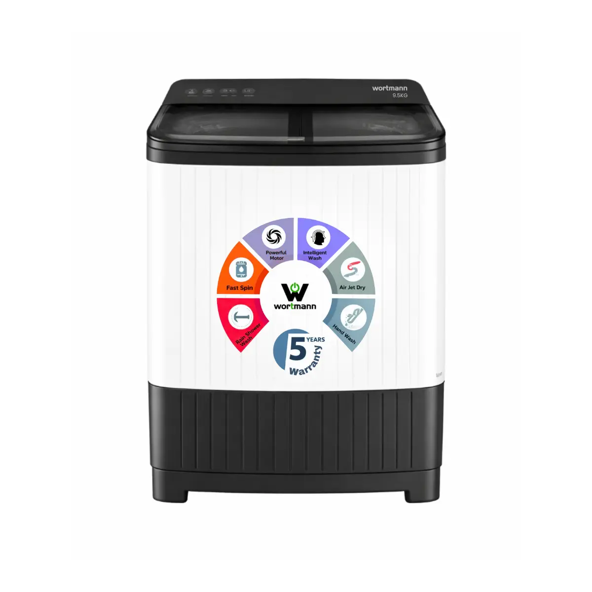 Wortmann WTWM95FGL 9.5 Kg Semi Automatic Top Load Washing Machine Full Glass Lid Powerful Motor Air Jet Dry Fast Spin 5 Years Warranty
